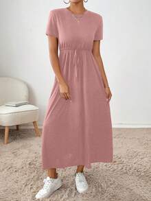 SHEIN Essnce 女式纯色圆领短袖腰带口袋长款休闲连衣裙 - 粉色 - 查看 4