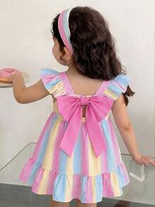 SHEIN LMoss Kids 女嬰可愛夏季蝴蝶結條紋荷葉袖洋裝 - 粉色 - 查看 5