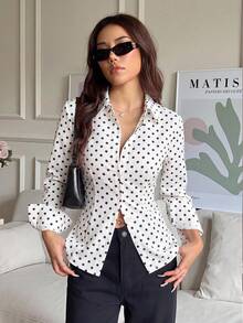 SHEIN EZwear 休閒極簡復古經典黑白波點印花女款修身長袖襯衫，前襟鈕扣設計，後腰繫帶，適合秋冬穿著 - 彩色 - 查看 3