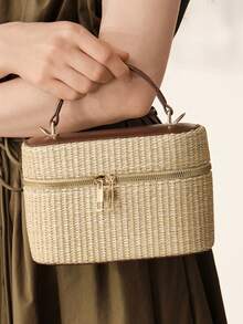 MOTF WOMEN'S FASHION APRICOT STRAW HANDBAG, EXQUISITE SIMPLE BOX BAG, FOR DAILY, COMMUTING, SHOPPING, SUMMER VACATION, TRAVEL, BEACH, SEASIDE - Brown straw weaving - View 8