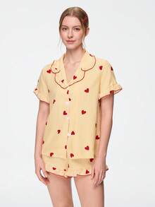 Bonmuse Women's Sleepwear Set With Heart Striped Woven Print, Ruffled Collar, Short Sleeve Top And Shorts, Sweet, Cute And Elegant - Yellow - View 4
