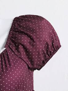 Sparklyn Teen Girl Polka Dot Pattern Short Petal Sleeve Button Design Casual Shirt - Burgundy - View 4