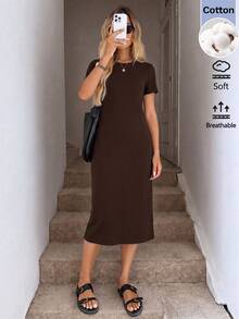 SHEIN LUNE 女款休閒基礎極簡風夏季度假通勤旅行早午餐日常時尚外出穿搭純色開衩短袖中長洋裝深棕色 - 棕色 - 查看 5