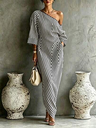 Glimmora Summer Luxury French Style Asymmetric Shoulder Black & White Striped Loose Long Dress, High-End Geometric Striped European & American Style Asymmetrical Shoulder Backless Pocket Design Striped Dress