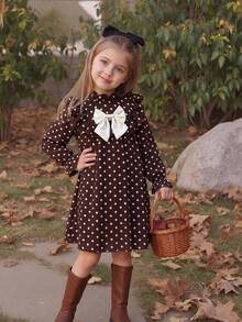 Emery Rose Kids Emery Rose Kids 女童可愛度假休閒杏色花卉圖案蝴蝶結長袖寬鬆洋裝，秋季花卉洋裝 - 卡其色 - 查看 11