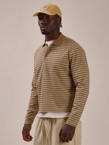 Musero Drop Shoulder Crop Length Long Sleeve Stripe Polo Top Ribbed Collar Detail Spring Summer Essentials - Brown - View 3