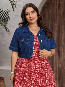 EMERY ROSE Plus Size Casual Cropped Denim Jacket For Vacation - Dark Wash - View 5