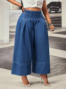 Slaydiva Plus Size Women's High Waist Pleated Wide Leg Loose Casual Non-Stretch Denim Jeans - Dark Wash - View 5
