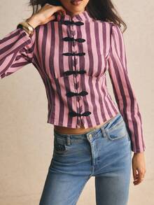 Poéselle Women's Street Fashion Striped Frog Button Long Sleeve Denim Top - Multicolor - View 5