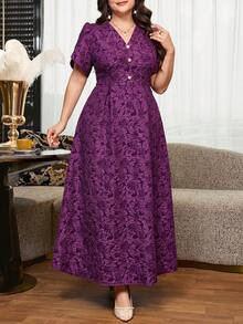 Reflora Plus Size Women's Jacquard V-Neck Petal Short Sleeve Elegant Dress - Ginger - View 4