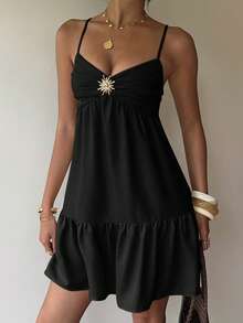 Siren Gaze Women's Summer Casual Metal Decor Spaghetti Strap Short Dress - Black - View 5