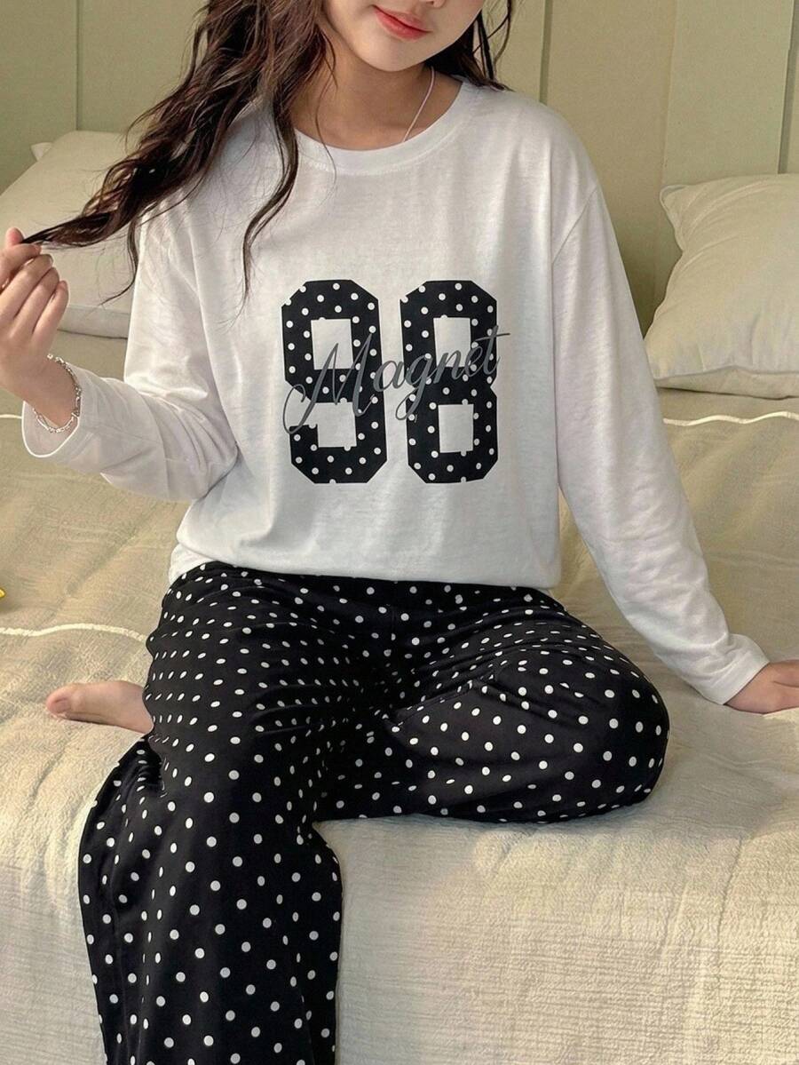 DAZY Tween Girl Fall Clothes Girls (Large) Round Neck Knitted Printed Short Sleeve T-Shirt + Plaid Pajama Pants Loungewear Set - Black and White - View 1
