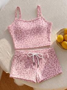 SHEIN EZwear 夏季復古粉色豹紋修身短版吊帶上衣與短褲套裝，夏季穿搭，適合日常通勤、約會、派對、秋冬/夏季、聖誕節、新年、感恩節、派對、婚禮、海灘、畢業、時尚、優雅、休閒、外出、約會、預約、通勤、亮麗、情人節 - 彩色 - 查看 5