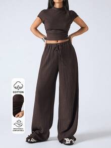 SHEIN EZwear 2pcs Women Casual Solid Color Short Sleeve Top And Pants Set, Spring & Summer - Coffee Brown - View 1