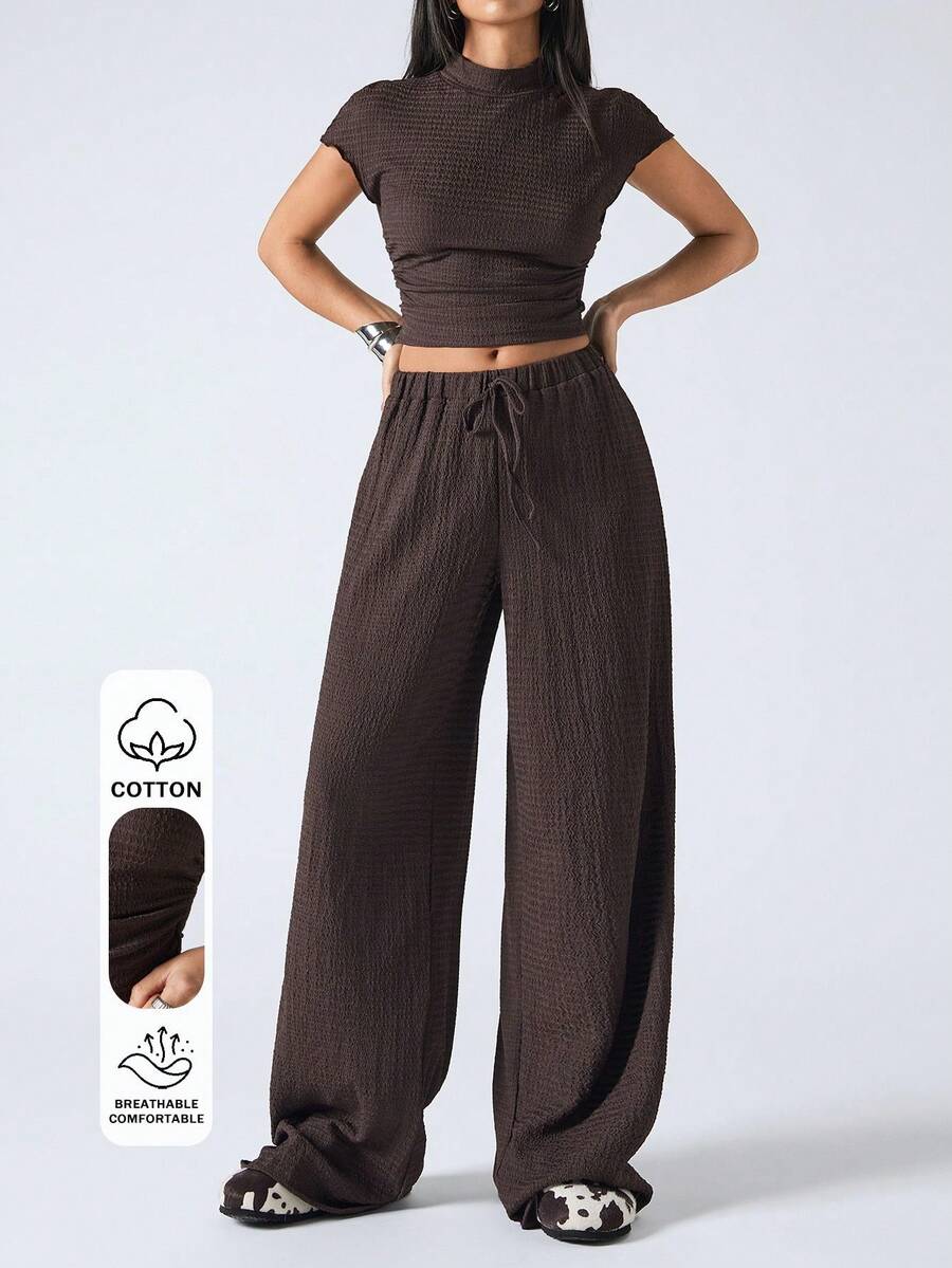 SHEIN EZwear 2pcs Women Casual Solid Color Short Sleeve Top And Pants Set, Spring & Summer - Coffee Brown - View 1