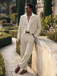 AKNOTIC Men's Double-Breasted Suit Jacket And Pants Set, Versatile Comfortable For Daily Wear, Party, Gathering, Date - Apricot - View 4