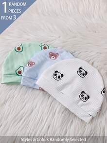 SHEIN 3套隨機發貨 1套春夏新生兒連身衣 白色熊貓、綠色酪梨、藍色小熊，可愛卡通元素印花，柔軟舒適羅紋布料，長袖長褲連身衣附帽子組合 - 彩色 - 查看 9