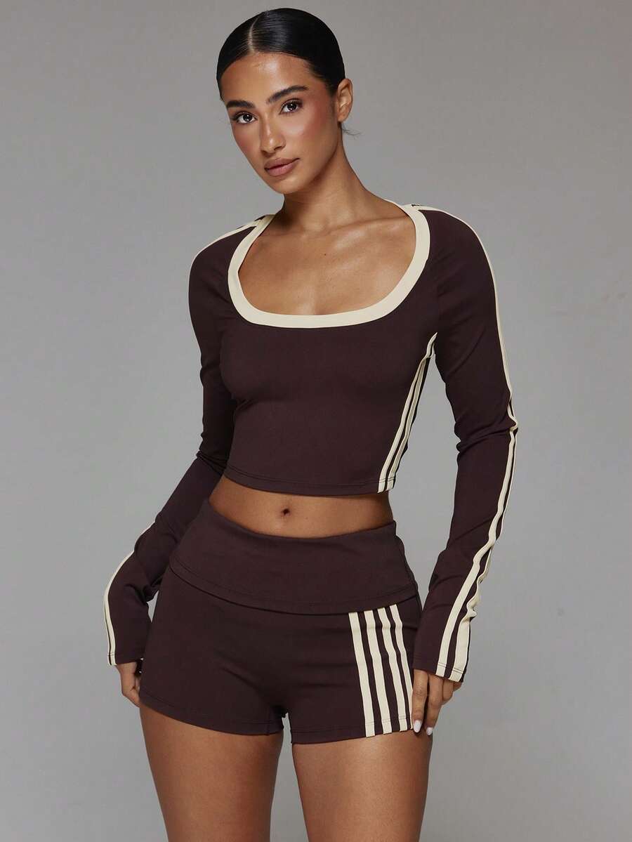 Musera Sport Scoop Front Contrast Colour Stripe Fitted Cropped Active Top Workout Gym Cute Pilates Fitness Daily Fall Winter - Mocha Brown - View 1