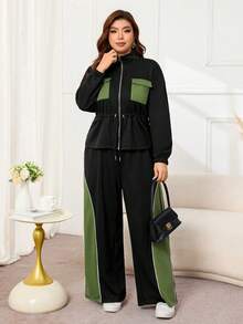 Modelyn Jaket Kasual Ukuran Besar dengan Desain Blok Warna, Resleting, Lengan Panjang, Pinggang Terikat, Potongan Longgar, Potongan Reguler untuk Musim Gugur/Musim Dingin, Liburan Keluarga, dan Mendaki. - MultiWarna - View 4