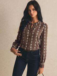 Poéselle Women's All-Over Print Casual Versatile Daily Wear Shirt - Brown - View 5