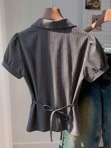 Comfortcana Women's Casual Ruched Short Sleeve Striped Shirt, Commute, Summer Clothing, Streetwear, Suitable For Daily Commute, Dating, Gathering, Autumn/Winter, Summer, Party, Wedding, Beach, Graduation Ceremony, Elegant, Casual, Outing, Y2K, Music Festival Outfit, Holiday Clothing, Back To School Outfit - Multicolor - View 2