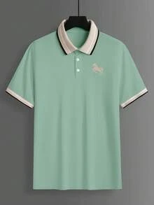 Calvornis 男士珠飾羅紋領刺繡短袖休閒 Polo 衫 - 綠色 - 查看 3