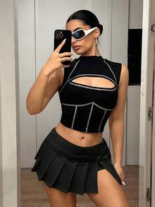 SHEIN ICON 性感鏤空扣環辣妹開衩百褶裙褲 - 黑色 - 查看 4