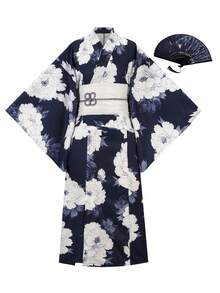 Irokai 日式傳統和服卡其色底牡丹花紋女款改良兩件式浴衣套裝 - 藍色 - 查看 5