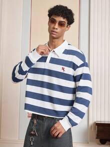 SWAVVY Men's Casual Colorblock Striped Polo Long Sleeve Shirt, Autumn, For Fall - Multicolor - View 1