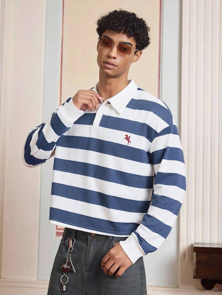 SWAVVY Men's Casual Colorblock Striped Polo Long Sleeve Shirt, Autumn, For Fall - Multicolor - View 1