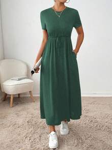 SHEIN Essnce 女士休闲纯色抽绳腰夏季连衣裙 - 墨綠色 - 查看 3