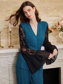 Moireta Französischer eleganter romantischer Damen-Pyjama-Set aus Strick-Jacquard mit ausgestellten Ärmeln und langen Hosen - Blau - Übersicht 6