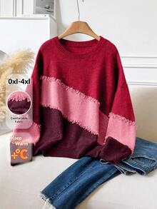 CosyJoli Plus Size Casual Cat Whisker Tassel Color Block Crew Neck Pullover Sweater Autumn Winter Clothes For Women - Red - View 6