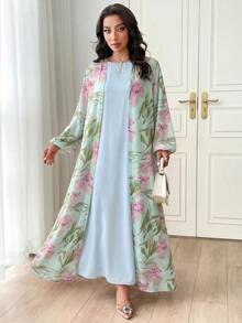 Al Najma 2件組女款春夏花卉印花燈籠袖開襟衫與純色圓領洋裝優雅套裝 - 彩色 - 查看 4