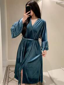 DAZY Jubah Panjang Beludru & Renda Elegan untuk Wanita di Musim Gugur - Biru - View 8