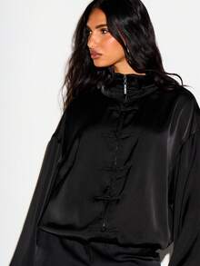 KIZN Satin Bomber Jacket With Mandarin Collar Frog Clasp Closures Oversized Fit Blouson Sleeves Luxe Finish - Black - View 6
