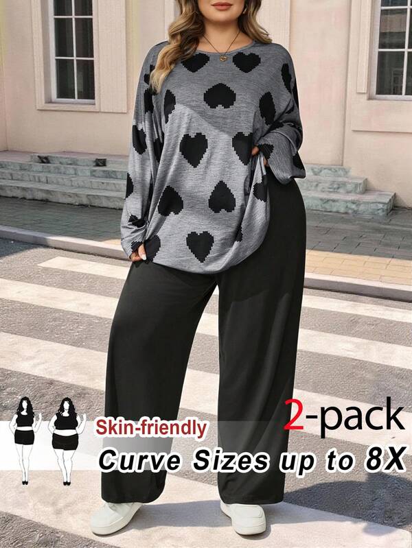 SHEIN CURVE+ 女款大尺碼愛心印花上衣與長褲套裝，情人節休閒秋季款