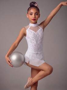Tween Girls All White Gymnastics Leotard, Printed Design With Rhinestones, High Elasticity 4-Way Stretch Fabric, Comfortable Form-Fitting, Dance - White - View 6