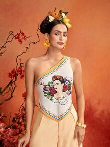 Glamance Frida Kahlo X SHEIN Apricot Yellow Portrait Floral Pattern Top Vest, Elegant Mature Casual Sexy, Suitable For Outings, Work, Office, Daily Wear, Gatherings, Parties, Birthdays, Vacations, Middle East Travel, Beach, Swimwear, Bohemian Style, Summer - Apricot - View 4
