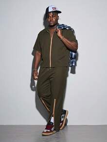Modcrash Men's New 2-Piece Set, Minimalist Zipper Short Sleeve Top And Long Pants, Street Style Cool Casual Outdoor Daily Wear, Short Shirt And Long Pants, Plus Size - Army Green - View 1