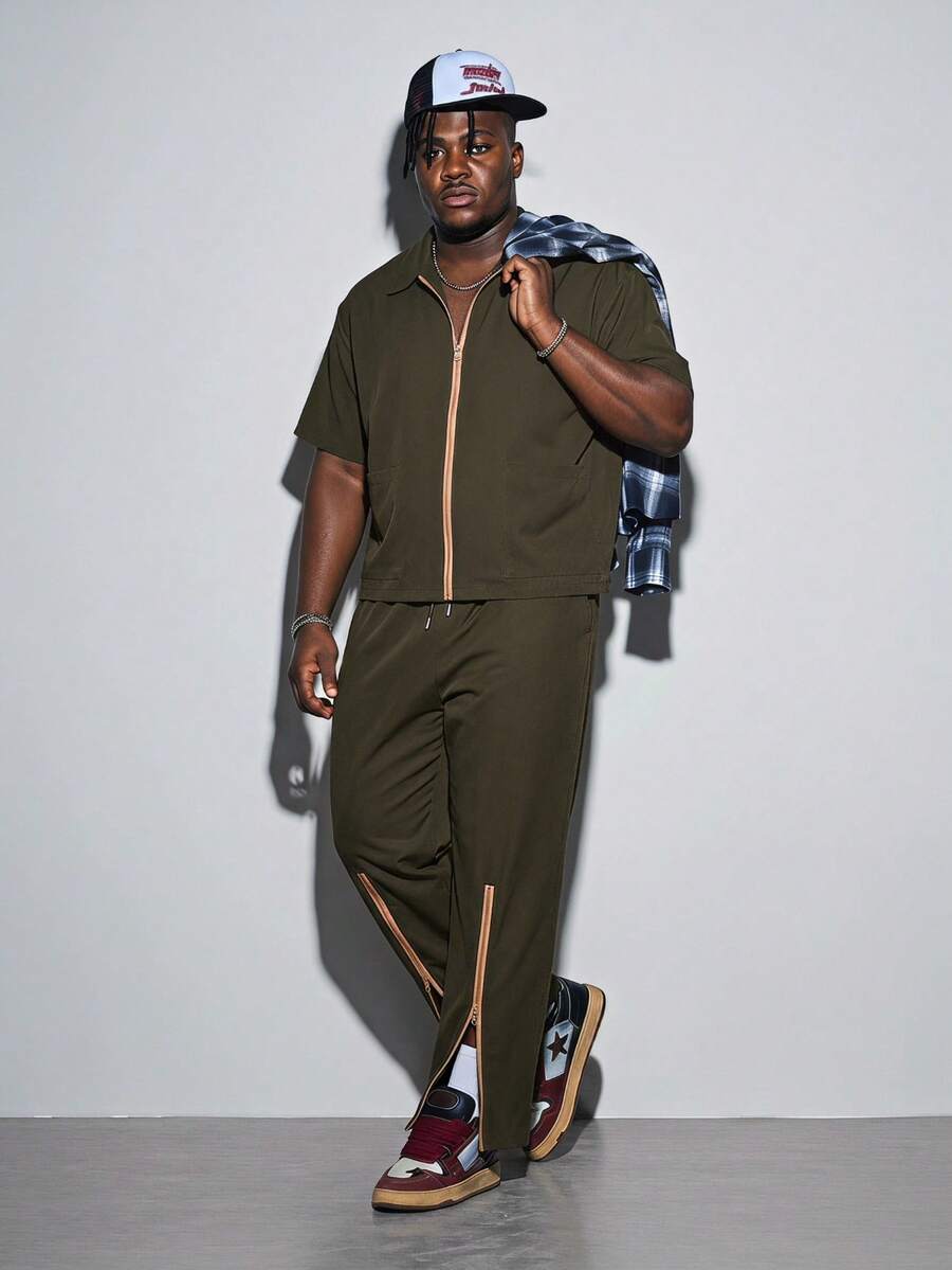 Modcrash Men's New 2-Piece Set, Minimalist Zipper Short Sleeve Top And Long Pants, Street Style Cool Casual Outdoor Daily Wear, Short Shirt And Long Pants, Plus Size - Army Green - View 1