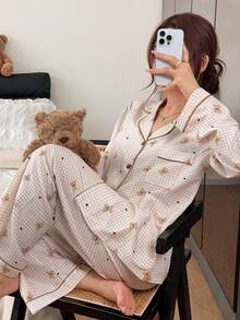 Napfluff Bubble Crinkle Plaid Bear Print Cardigan Collar Pajama Set - Khaki - View 4