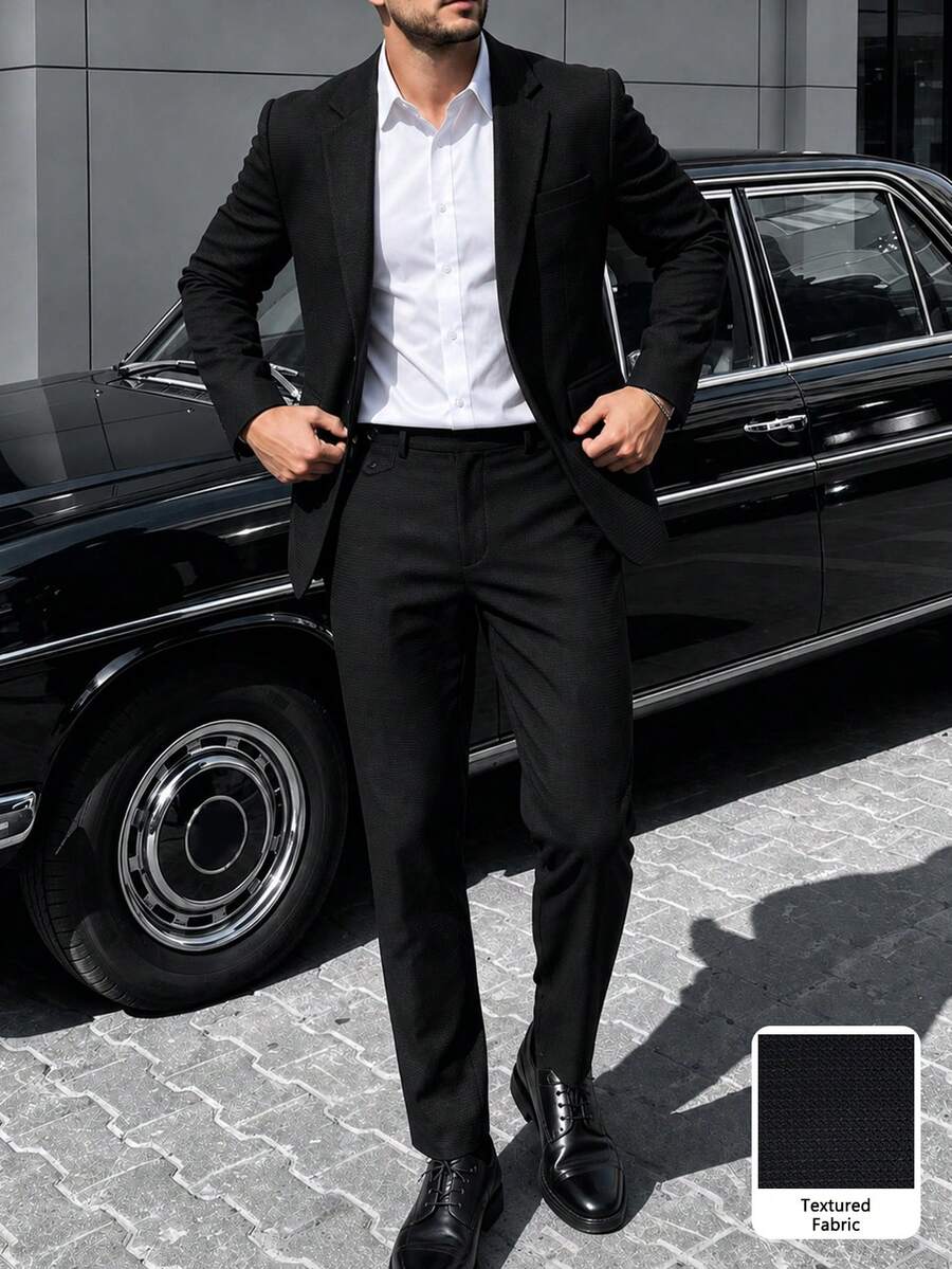 Manfinity Mode Men's Solid Color Casual Business Suit Set, Made Of Textured Fabric, Suitable For Daily Commute, Relaxed Work Environment Or Semi-Formal Occasions, Also An Ideal Gift For Boyfriend And Husband - Black - View 1