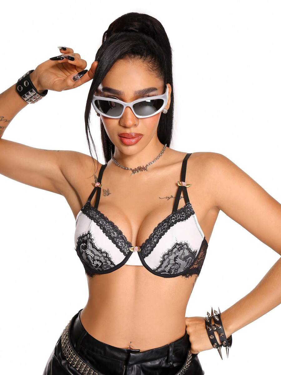 AltBold 1pc Women's Lace Patchwork Underwire Thin Cup Comfortable Bra - Black and White - View 1