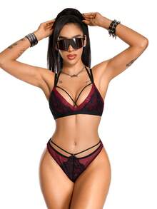 AltBold Women's Lace Patchwork Wireless Comfortable Lingerie Set 2pcs - Multicolor - View 3