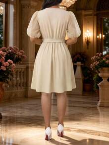 SHEIN Lady Women's Summer Elegant Puff Sleeve Midi Dress With Belt Elegant Dress Casual Dresses Work Dresses For Women Back To School Summer Going Out Outfits - Apricot - View 2