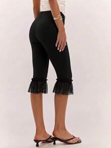 SHEIN BAE Women's Solid Color Contrast Lace Ruffle Hem Fashion Capri Length Pants - Black - View 7
