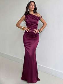 Aloruh Elegant Burgundy Metallic Glitter Satin Patchwork Asymmetric Shoulder Buckle Decor Fishtail Dress, Suitable For Weddings, Formal Events, Bridesmaid - Purple - View 5