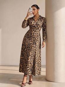 Structelle Women's Casual Elegant Long Sleeve Animal Leopard Print Pocket Button Front Collar Dress Office Work Dinner Beige Autumn - Multicolor - View 5