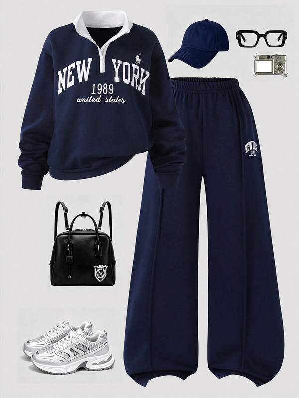 SHEIN Conjunto de sudadera de manga larga con media cremallera y pantalones de pierna recta holgados, versátil, casual y lindo para adolescentes, adecuado para uso diario, compras, desplazamientos y campus